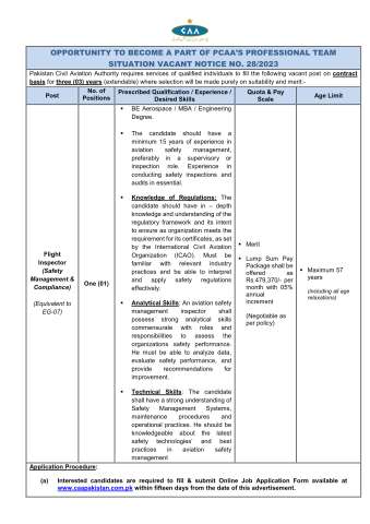 Flight Inspector (Safety Management & Compliance) (Equivalent to EG-07)