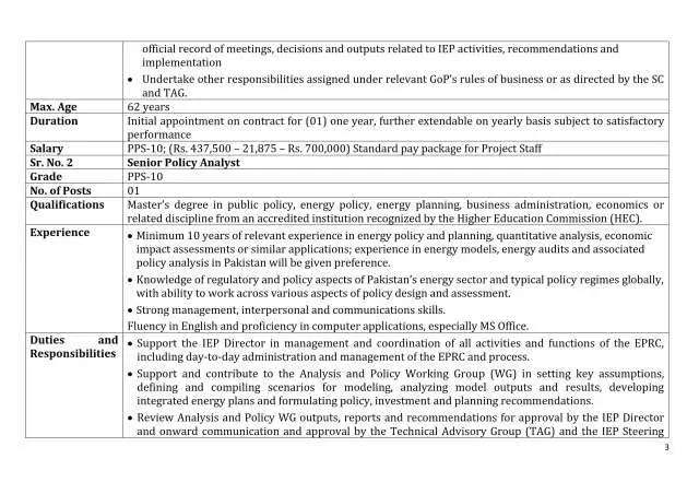 Senior Policy Analyst (PPS-10) @ Planning Commission (PC), Ministry of Planning Development & Special Initiatives