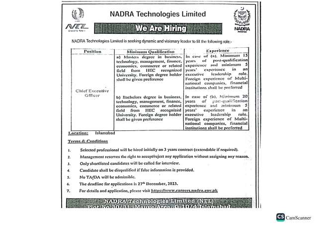 Chief Executive Officer NADRA Technologies Limited