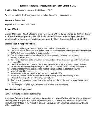 Deputy Manager – Staff Officer to CEO @ National Disaster Risk Management Fund (NDRMF)