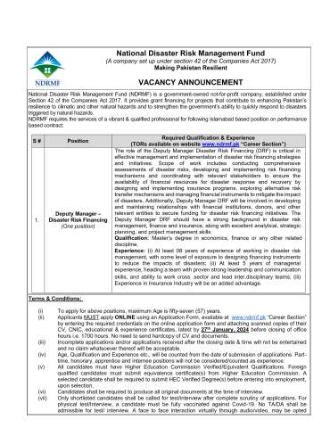 Deputy Manager –  Disaster Risk Financing