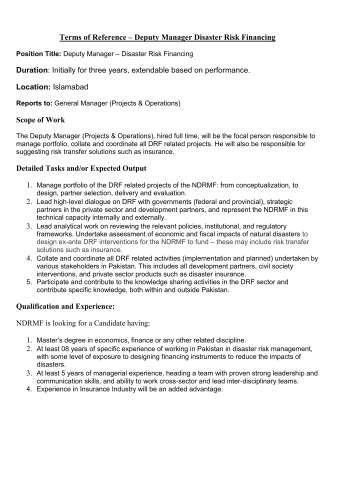 Deputy Manager –  Disaster Risk Financing @ National Disaster Risk Management Fund (NDRMF)