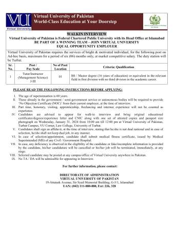 Tutor/Instructor (Management Science) J-III (Walk-in Interview)