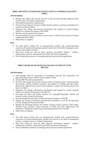 Director ORIC (Office of Research Innovation & Commercialization) @ NUML Main Campus Islamabad