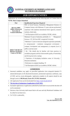 DIRECTOR BICON (Business Incubation Centre of NUML)