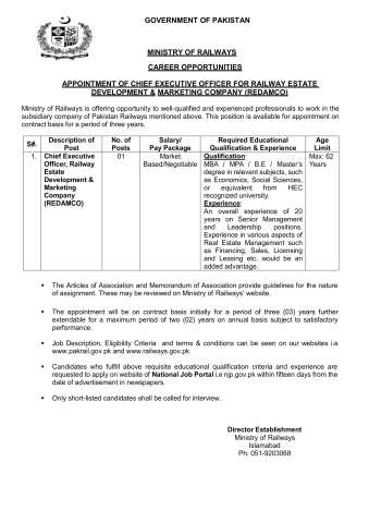 Chief Executive Officer, Railway Estate Development & Marketing Company (REDAMCO)