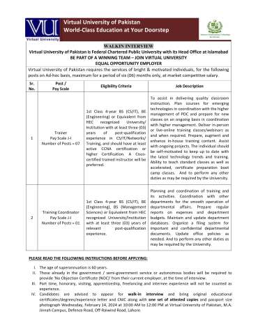 Trainer (Pay Scale J-I) (Walkin Interview)