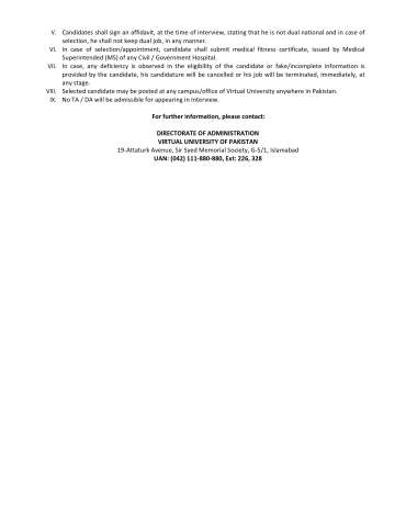 Training Coordinator (Pay Scale J-I) (Walkin Interview) @ Virtual University (VU) of Pakistan