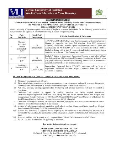 Manager Accounts/ Finance (Islamabad) E-IV (Walkin Interview)