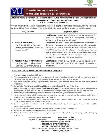 Assistant Network Administrator (Networking) (J-IV)