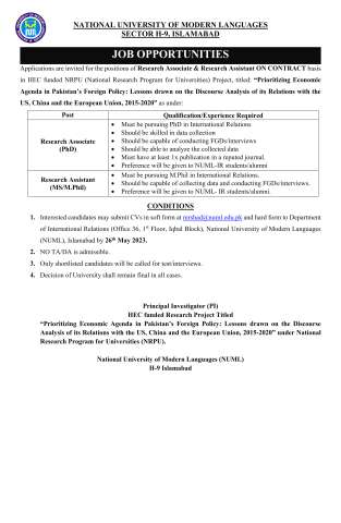 Research Assistant (MS/M.Phil) 