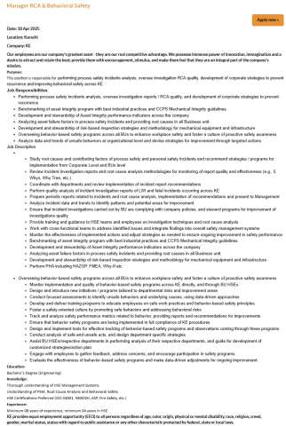 Manager RCA & Behavioral Safety