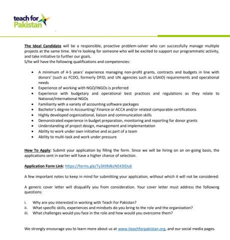 Assistant Manager Finance & Regulatory Affairs @ Teach For Pakistan