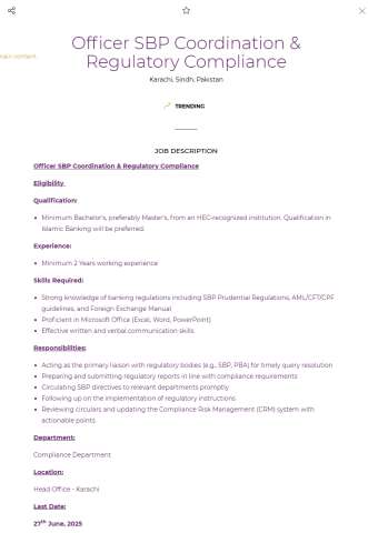 Officer SBP Coordination & Regulatory Compliance