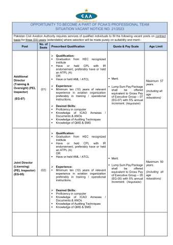 Additional Director (Training & Oversight) (PEL Inspector) (EG-07) 